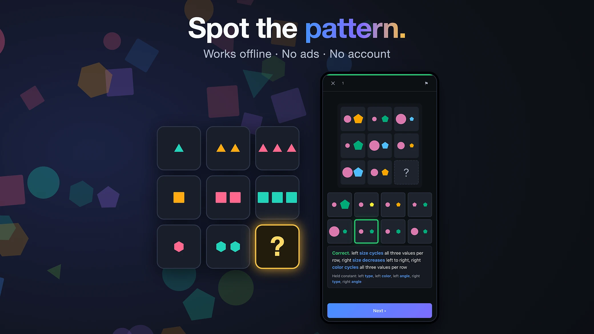 Spot the pattern. Works offline · No ads · No account