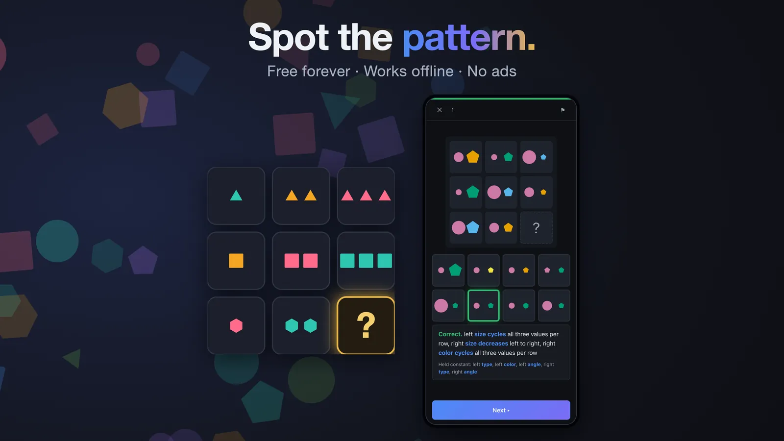 Spot the pattern. Free forever · Works offline · No ads
