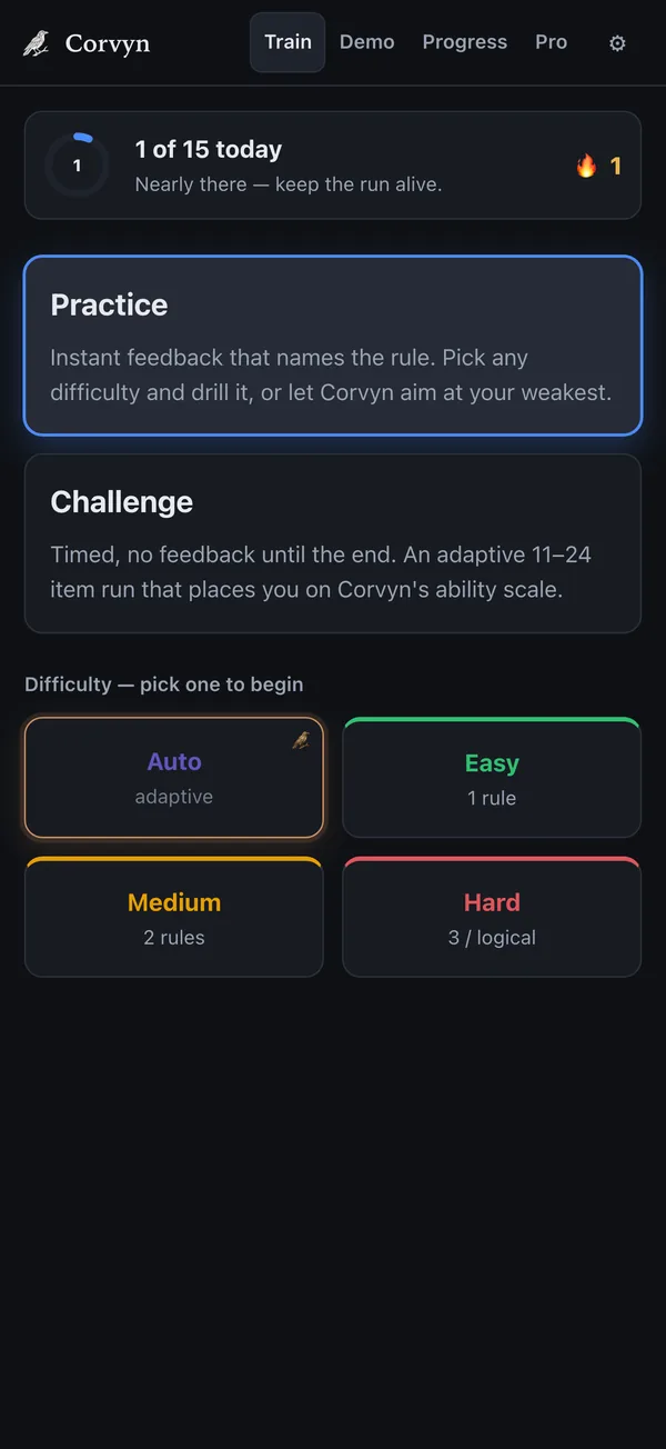 Train: practice or a timed Challenge, at the difficulty you pick